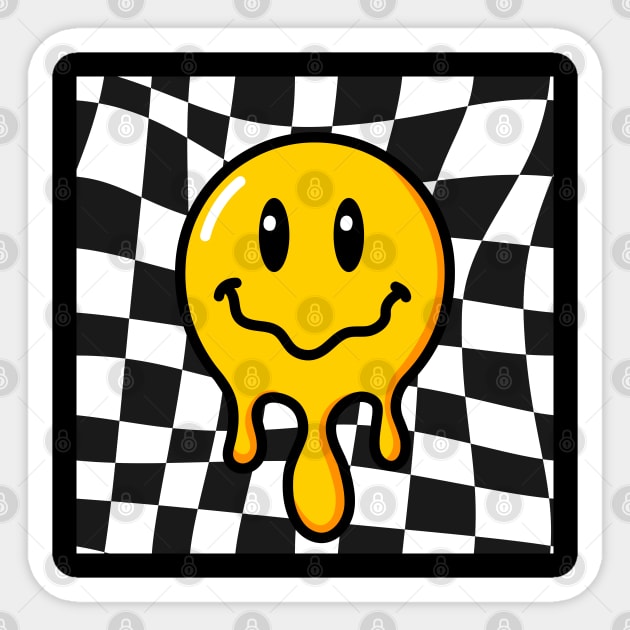 Funny 70s Melting Yellow Smile Face Cute Checkered Smiling Happy Sticker by Peter smith